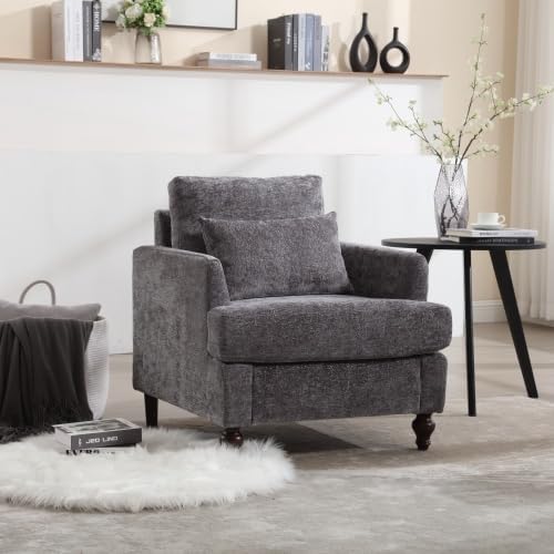 QQU Modern Upholstered Armchair Chenille Fabric Single Armchair with Cushions Living Room Lounge Chair Reading Chair with Solid Wood Frame Suitable for Bedroom Reception RoomGrey