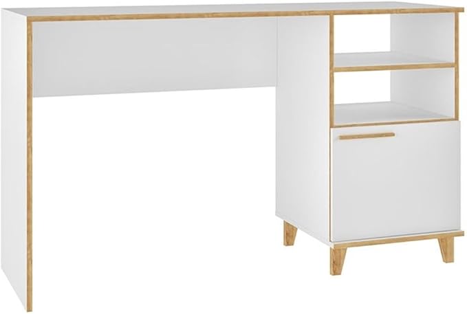 Eden Home Mid-Century Solid Wood Writing Desk 53.14 W x 31.1 H White Finish 2 Open Shelves and 1 Concealed Cubby Splayed Legs Modern Home Office Desk for Work or Study Spaces