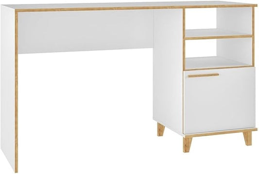 Eden Home Mid-Century Solid Wood Writing Desk 53.14 W x 31.1 H White Finish 2 Open Shelves and 1 Concealed Cubby Splayed Legs Modern Home Office Desk for Work or Study Spaces