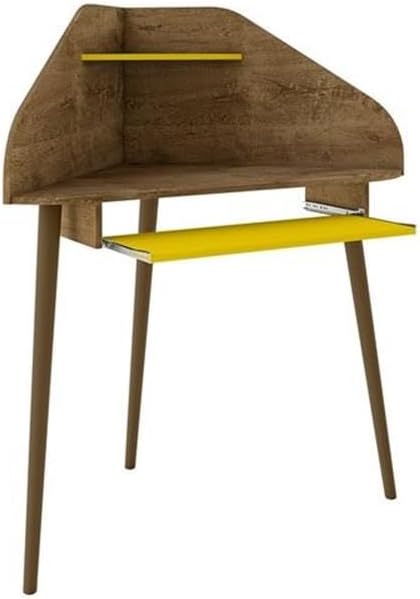 Eden Home Mid-Century Modern Wood Corner Desk Rustic Brown and Yellow Finish 47.24 in H x 43.98 in W x 31.1 in D Overhead Shelf Sliding Drawer Home Office Desk with Cable Management