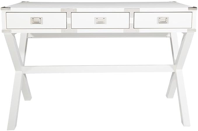 Pemberly Row Contemporary Wood Desk 46 in White Finish Built-in Power Station 3-Drawer Design Semi-Assembled Home Office Writing Desk for Workspace Organization