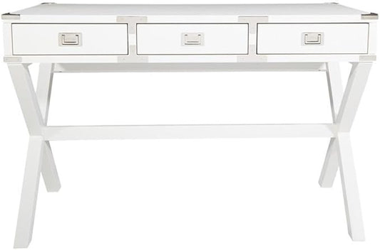 Pemberly Row Contemporary Wood Desk 46 in White Finish Built-in Power Station 3-Drawer Design Semi-Assembled Home Office Writing Desk for Workspace Organization