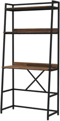Pemberly Row Transitional Metal Writing Desk 36 W x 17 D x 73.63 H Brown and Black Finish USB and Power Outlet Steel Frame with Shelves Minimalist Design Home Office Desk
