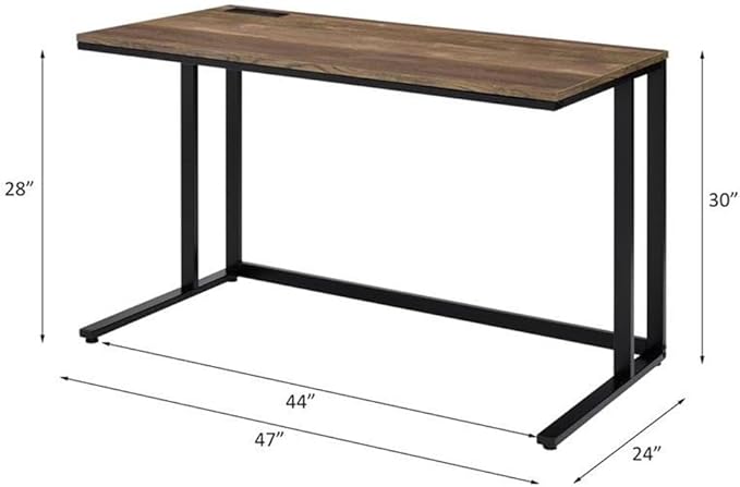 Pemberly Row Wooden Writing Desk with USB Port Rectangle Top Walnut and Black Finish MDF and Metal Construction 47 W x 24 D x 30 H Modern Style Office Desk for Work or Home