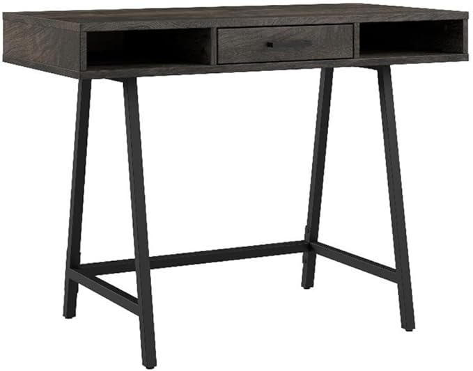 Pemberly Row 40 W Writing Desk Dark Gray Hickory Finish Engineered Wood Construction Industrial Style Box Drawer and Open Storage Compact Home Office Desk or Study Table