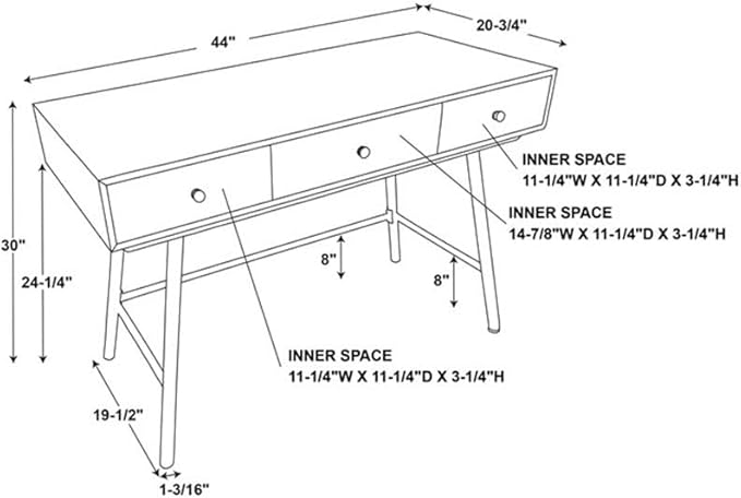 Riverbay Furniture Modern Wood and Metal Desk 44 w x 22.75 d x 30 h Fir Wood Top Powder-Coated White Iron Base 3 Storage Drawers Leveling Legs Home Office or Craft Workspace