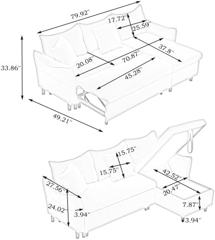 80'' Convertible Sectional Sofa Couch 3 Seat L Shaped Sleeper Sofa Bed with Pillows and Storage Chaise Pull Out Couch Bed Modern Corduroy Small Couches Futon for Living Room Apartment (Gray)