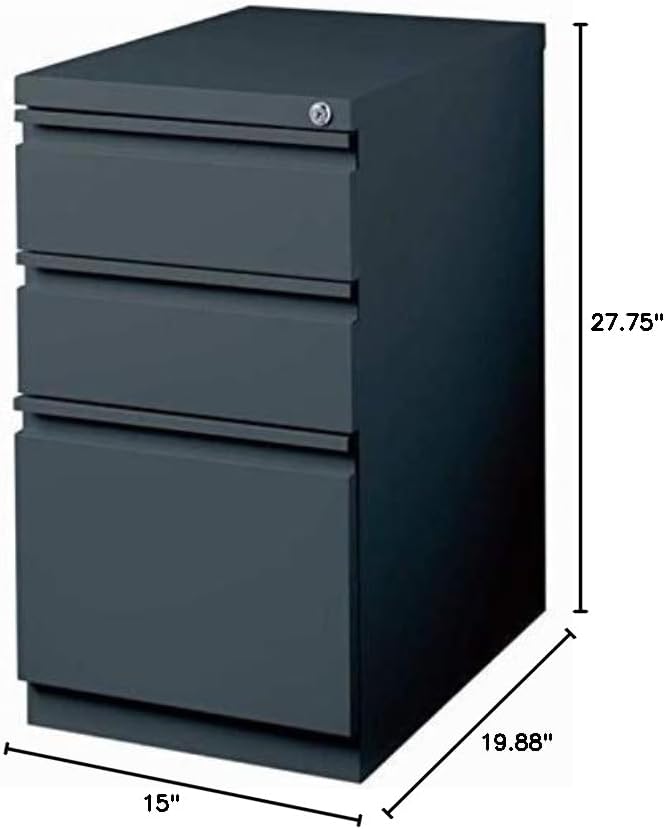 Bowery Hill 3-Drawer Metal Mobile Pedestal Filing Cabinet 20 in Deep Charcoal Finish Steel Construction Ball-Bearing Drawers Lockable Letter-Size Files Modern Commercial Office Storage Solution