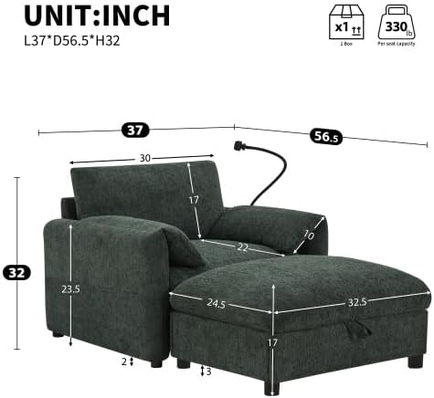 Oversized Accent Sofa Chair with Ottoman Chaise Lounge Chair with USB Charger Phone Holder Side Pockets Chenille Reading Armchair for Living Room Bedroom Home Theater(Olive Green)