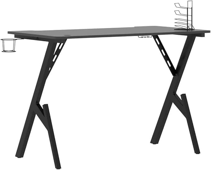 Ergonomic Gaming Desk Black Engineered Wood Sturdy Iron Frame Computer Table 43.3 x 43.3 x 29.5 Inch for Home Office PC Gamer Setup Cup Holder &amp Headphone Hook.