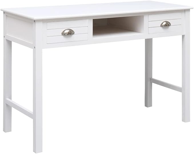 Wooden Writing Desk Modern Simple Home Office Computer Laptop Writing Desk with 2 Drawers and 1 Open Compartment White 43.3x17.7x29.9 Wood-85