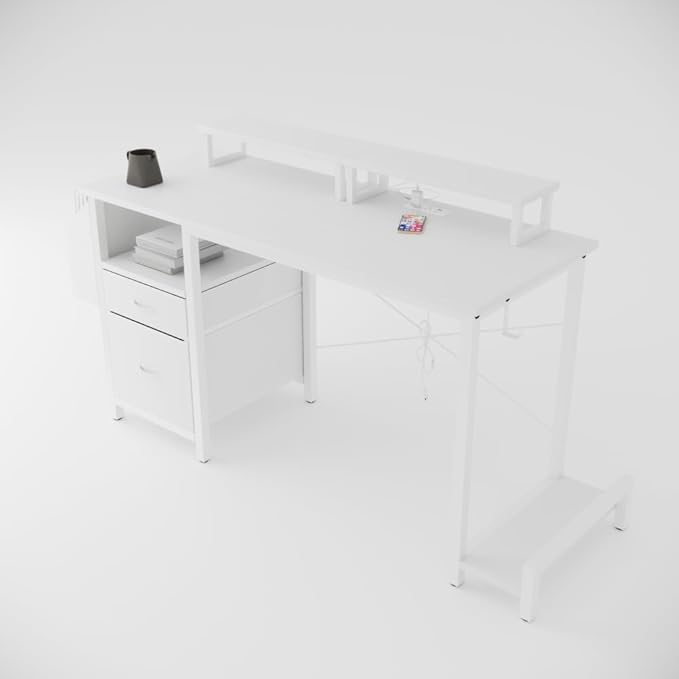 Office Desk with Power Outlet2 Monitor Stands2 DrawersSide PocketEasy to AssembleFrame Stability Reversibleuse for Home Desk Computer Desk Game TableWhite