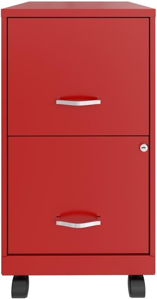 Pemberly Row 2-Drawer Metal Vertical Filing Cabinet 18 in Depth Red Finish Lockable Mobile Office Storage with High-Side Drawers Easy Roll Casters Fits Under Desk Letter Size Hanging Files
