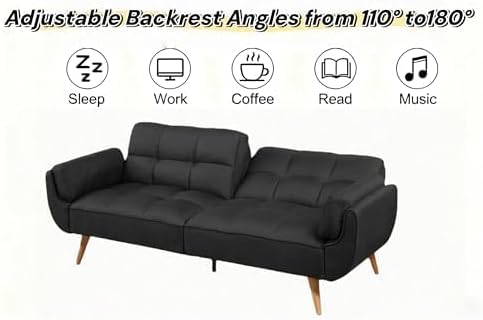Convertible Futon Sofa Bed Modern Futon Couch with 2 Pillows Small Futons Couch with Adjustable Armrest &amp Backrest Loveseat Sofa Bed for Living Room Bedroom Black