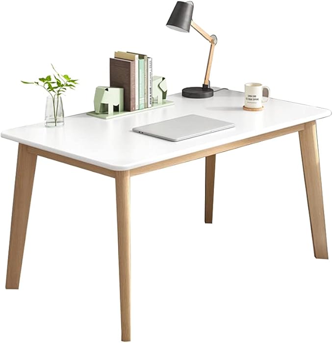 IOTXY Simple Wooden Writing Desk - Modern Minimalist Style PC Laptop Computer Workbench with Solid Wood Legs 39 W Home Office Work Table for TV Stand Music Video Live Broadcast Workstation White