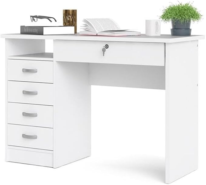 Pemberly Row Transitional Engineered Wood Home Office Computer Desk White Finish 43 in Wide 5 Drawers with Lockable Storage Durable Scandinavian Design Ideal for Writing or Work Spaces