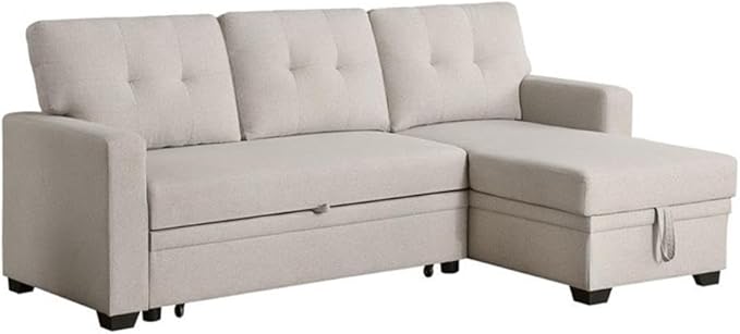 Devion Furniture L-Shaped Polyester Fabric Reversible Easy Convertible Pull-Out Sleeper Sectional Sofa/Storage Chaise with Tufted Back Cushions and Track Arms in Beige