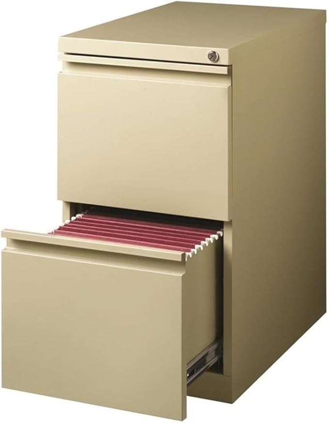 Pemberly Row Mobile Pedestal Filing Cabinet 2-Drawer File/File 23 D Beige Steel Full Extension Drawers Hidden Casters Lockable Office Storage ANSI/BIFMA Certified