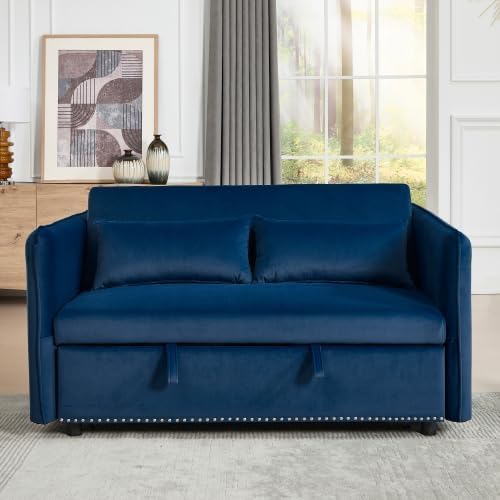 3 in 1 Sofa Bed Convertible Pull Out Couch with Side Pockets Velvet Fabric Loveseat Sleeper Sofa Bed Pull Out Couch with Adjustable Backrest for Living Room Bedroom Apartment Blue