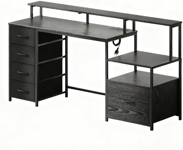 66.9'' Gaming Desk with 4 Fabric Drawers &amp File Cabinet Modern Computer Desk with Power Outlets and LED Lights Home Office Desk PC Desks for Home Office Study (Black)