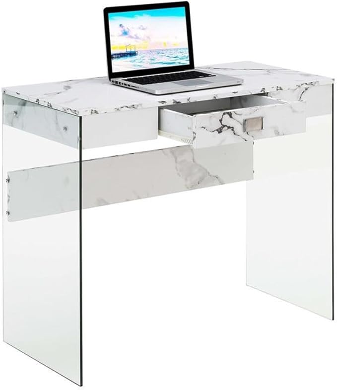 Pemberly Row 36 in Desk Clear Glass and White Faux Marble Finish Particle Board Build with Drawer Modern Contemporary Style Compact Home Office or Study Table