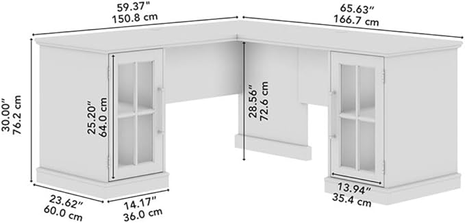 BOWERY HILL Modern 60W L Shaped Computer Desk White Ash Finish Storage Cabinet with Adjustable Shelves Wire Management Grommets Glass Doors Matte Black Handles Home Office Furniture