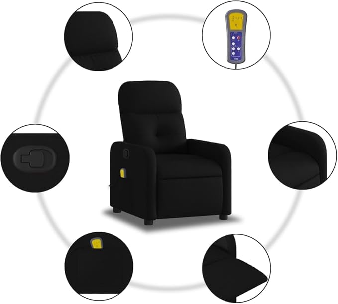 vidaXL Massage Recliner Chair - Elderly-Friendly Black Fabric Armchair with Manual Recline/6-Point Vibration/USB-Powered Massage