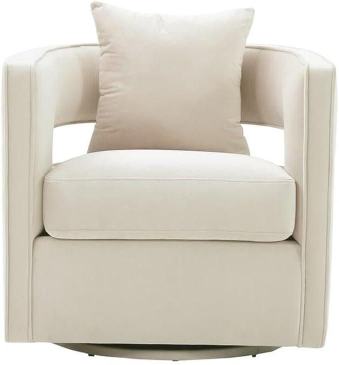 Maklaine 31.5 Velvet Swivel Accent Chair Cream Finish Solid Wood Frame and Stainless Steel Base Plush Foam Fill Transitional Style Handmade Chair for Living Room or Bedroom Seating