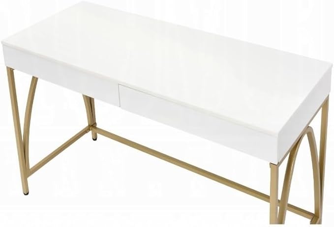 Maykoosh Modern Home Office Desk - White Gloss Top &amp Gold Metal Legs