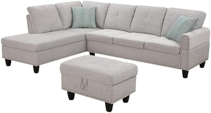 Devion Furniture Polyester Fabric Sectional Sofa with Lift-top Storage Ottoman Tufted Design in Light Gray Finish