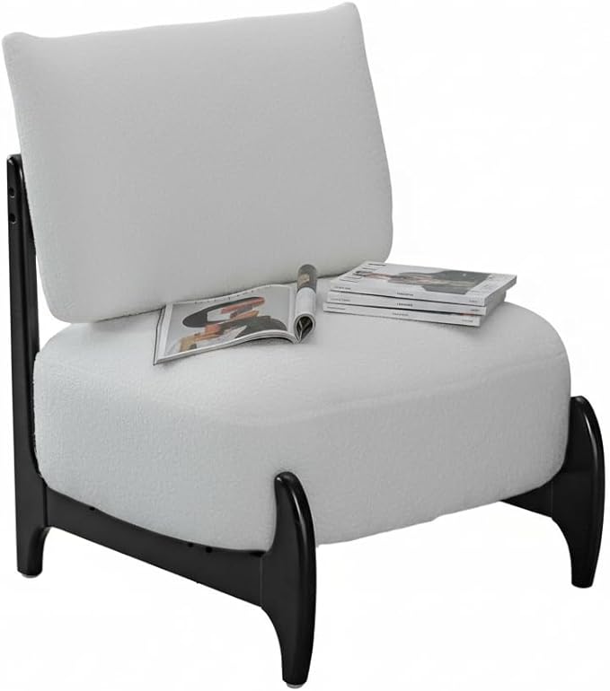 Modern Living Room Accent Chair Teddy Fleece Solid Rubberwood Frame Contemporary Lounge Seating for Reading Corner (White)