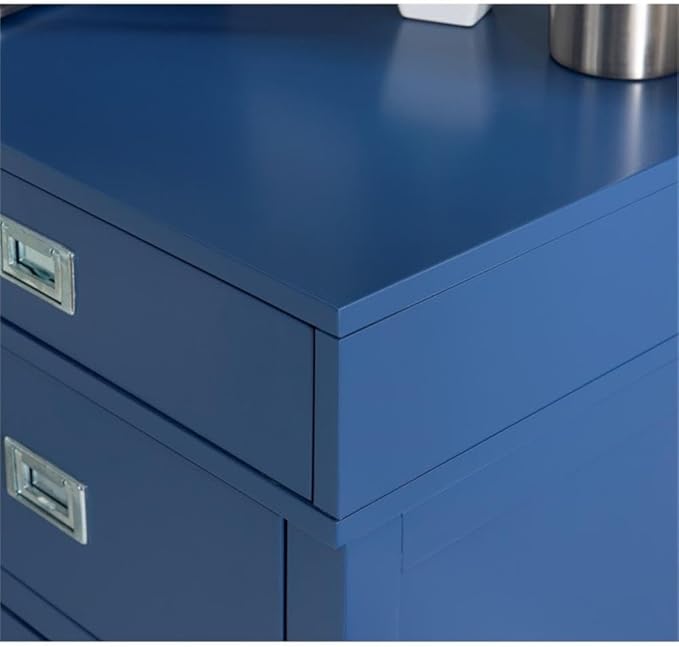 Pemberly Row Modern Wood Side Storage Desk 48 W x 18 D x 30 H Navy Blue Finish 4 Drawers with Silver Handles X-Frame Design Home Office or Bedroom Desk for Writing or Computer Use