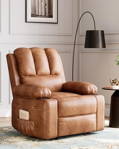 22 in Leather Recliner Chair for Adults Overstuffed Manual Recliner Single Sofa with Cup Holder &amp Side Pockets 400 LBS Capacity Upholstered Chair for Living Rooms Brown