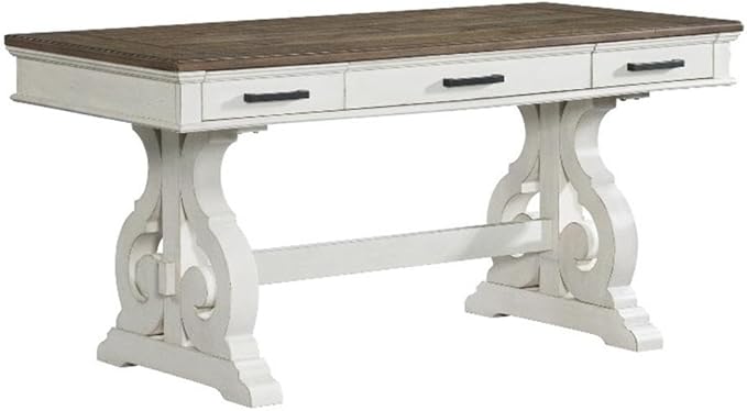 Pemberly Row 60 Wood Writing Desk Rustic White and French Oak Finish Harp Style Base Center Flip-Down Drawer 2 Utility Drawers Modern Home Office Desk for Workspace or Study Room