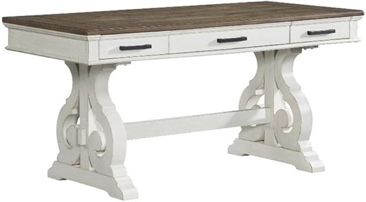 Pemberly Row 60 Wood Writing Desk Rustic White and French Oak Finish Harp Style Base Center Flip-Down Drawer 2 Utility Drawers Modern Home Office Desk for Workspace or Study Room