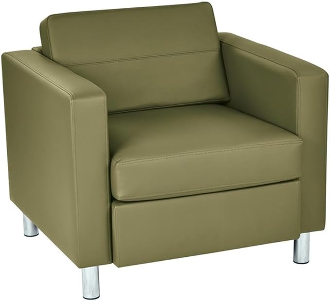 Pemberly Row Modern Armchair Green Vinyl Fabric 32 W x 30.5 D x 29.5 H Cushioned Box Spring Seat Silver Metal Legs Faux Leather Upholstery Contemporary Style Guest Chair for Living Room or