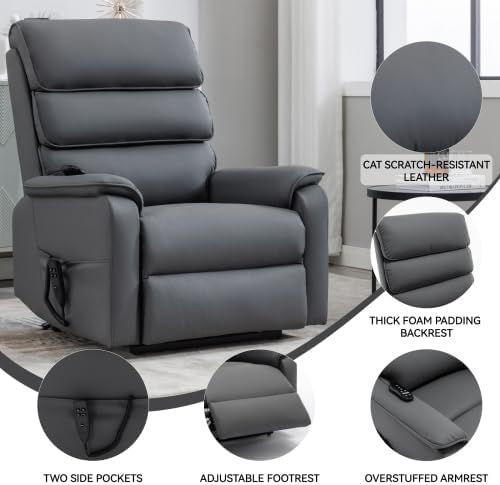 Luxlen Leather Power Lift Recliner Chair for Elderly Dual Motor Lift Chair with Vibration Massage &amp Lumbar Heating Infinite Position Up Recliner with Power-Remote - Faux Leather Gray