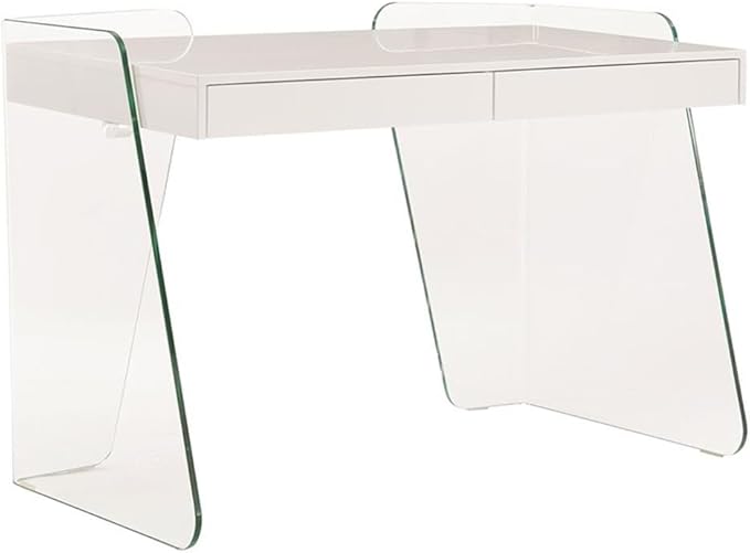 Pemberly Row Modern Engineered Wood Office Desk 47 W x 23 D x 31 H High Gloss White 2 Soft-Close Drawers Clear Glass Detail Contemporary Home Office Desk for Workspace Organization