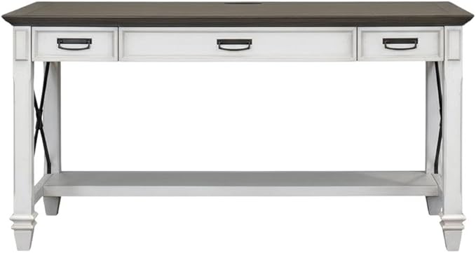 White Wood Writing Desk with Three Utility Drawers Built-in Power Center Charging Shelf and Spacious Home Office Work Surface