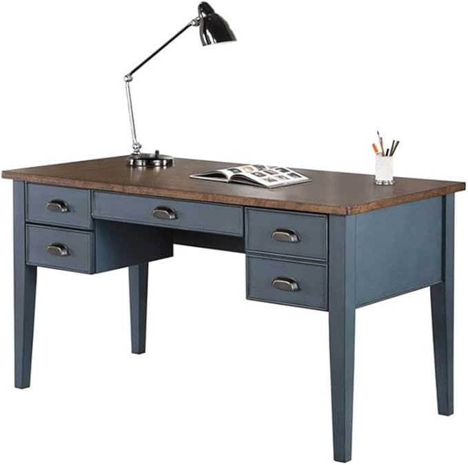 Martin Furniture Farmhouse Wood Half Pedestal Executive Desk Writing Table Office Desk Blue