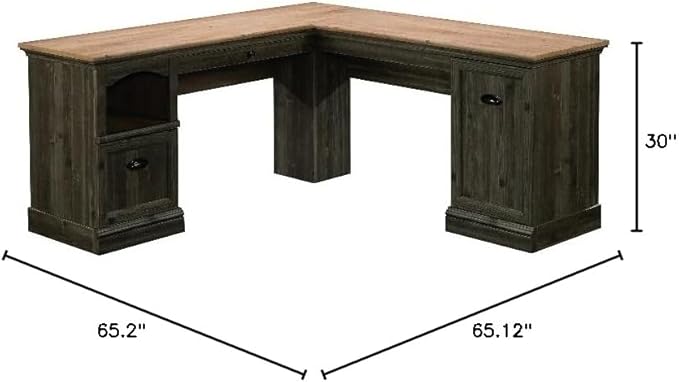 Pemberly Row Contemporary L-Shaped Engineered Wood Desk Pebble Pine Finish with Khaki Pine Accent 30 H x 65.12 W x 65.2 D Keyboard Shelf File Drawer CPU Storage Home Office Desk