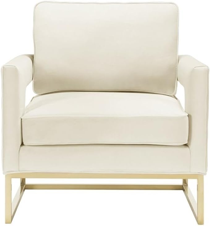 Pemberly Row Modern Velvet Accent Chair Cream and Gold Finish 20 Seat Height Stainless Steel Legs Handmade Design Luxe Upholstery 35.5 H x 33.5 W x 29 D Living Room or Bedroom Seating