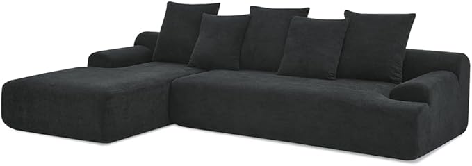 WILLIAMSPACE 110.25 Black Velvet Sectional Sofa Cloud Sponge Couch with Pillows Modular Floor Compressed Upholstered L-Shape Sofa Foam 4 Seater Couch for Living Room No Assembly Left-Facing Black