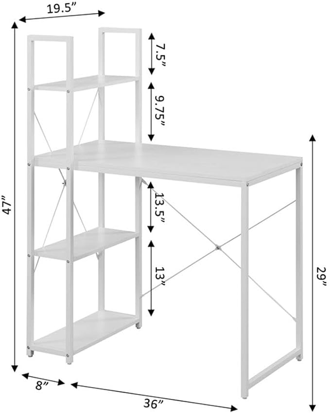 Pemberly Row Home Office Desk 36 x 19.5 x 47.25 in Particleboard &amp Powder-Coated Metal White Wood Finish 4 Shelves Sturdy Workstation for Computer Books Decor Study Workspace