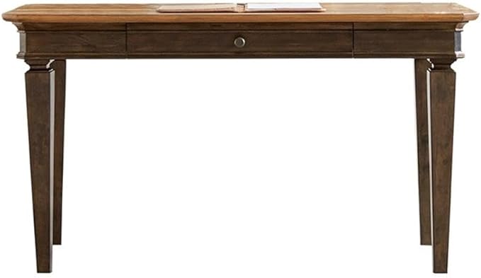 Pemberly Row Executive Writing Desk 54 in Wood Top Brown Finish Antique Bronze Hardware Dropfront Keyboard Drawer USB/AC Power Center Finished on All Sides Home Office Desk