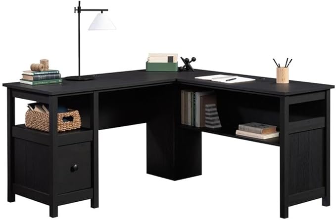 Pemberly Row L-Shaped Engineered Wood Computer Desk Raven Oak Finish 59 in Width File Drawer Cord Management Lower Shelf Finished Sides Home Office Desk for Organization and Storage