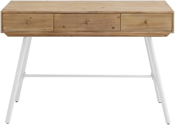 Riverbay Furniture Modern Wood and Metal Desk 44 w x 22.75 d x 30 h Fir Wood Top Powder-Coated White Iron Base 3 Storage Drawers Leveling Legs Home Office or Craft Workspace
