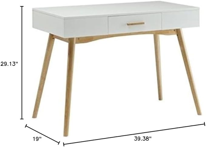 Allora 1-Drawer Rectangular Wood Home Office Desk 39.38 W x 19 D x 29.13 H Piano White Finish Solid Wood Legs Concealed Bamboo Handle Storage Modern Style Writing Desk for Office or Dorm Use