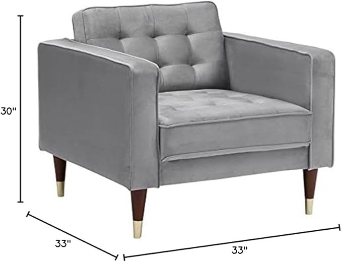 Allora Velvet Tufted Club Chair 30 H x 33 W x 33 D Upholstered in Light Gray Velvet Wood Legs with Gold Caps Mid-Century Modern Accent Chair for Living Room or Bedroom