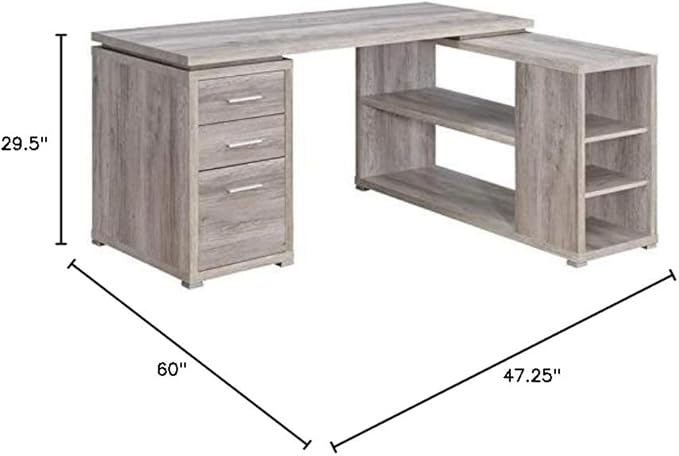 Pemberly Row L-Shaped Corner Storage Desk 60W x 47.25D x 29.5H Grey Driftwood Finish Engineered Wood 5 Shelves 3 Drawers Built-In File Cabinet for Letter/Legal Files Reversible Home Office